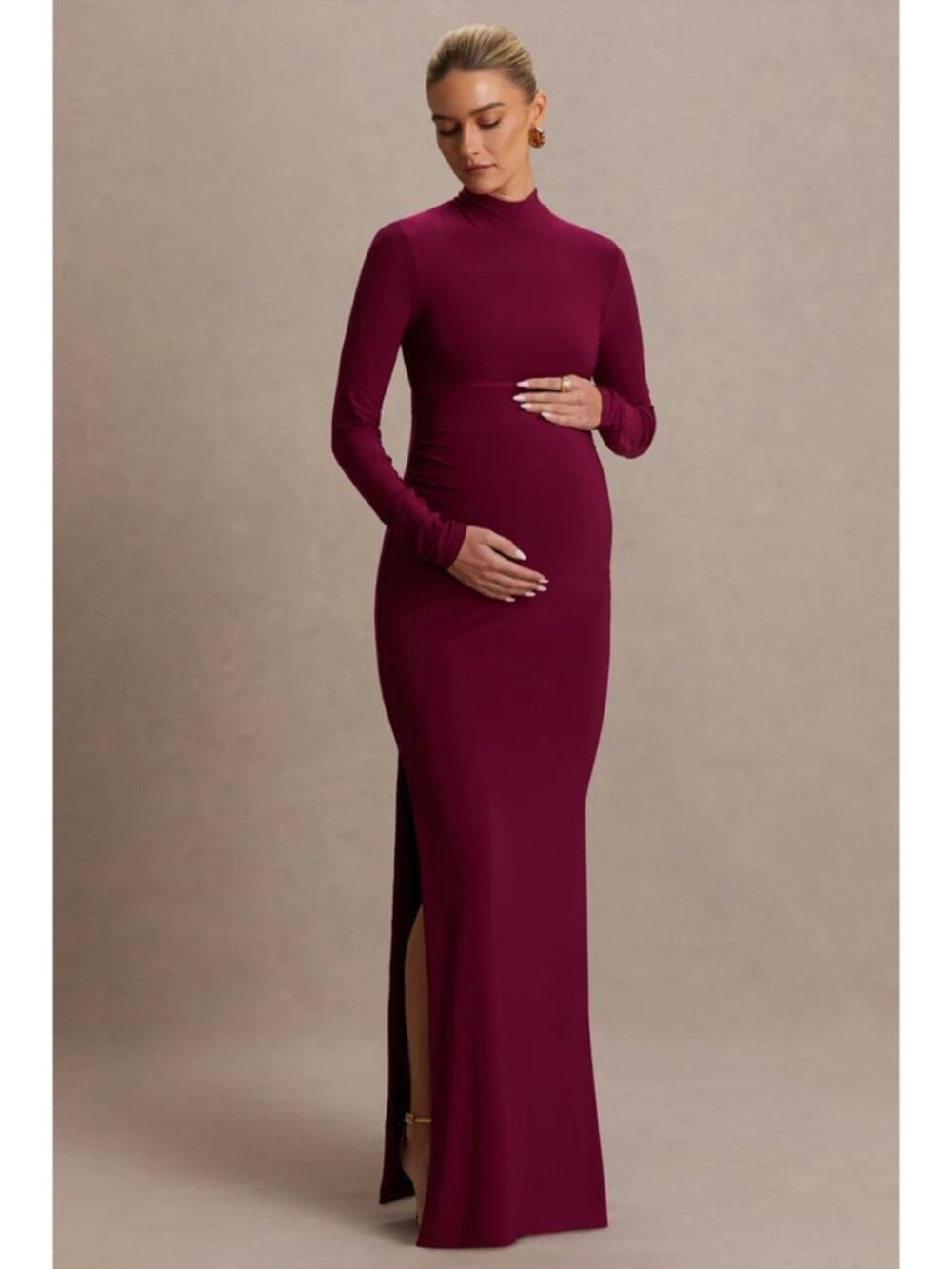 Alejandra Burgundy Maternity Long Sleeve High Neck Maxi Dress